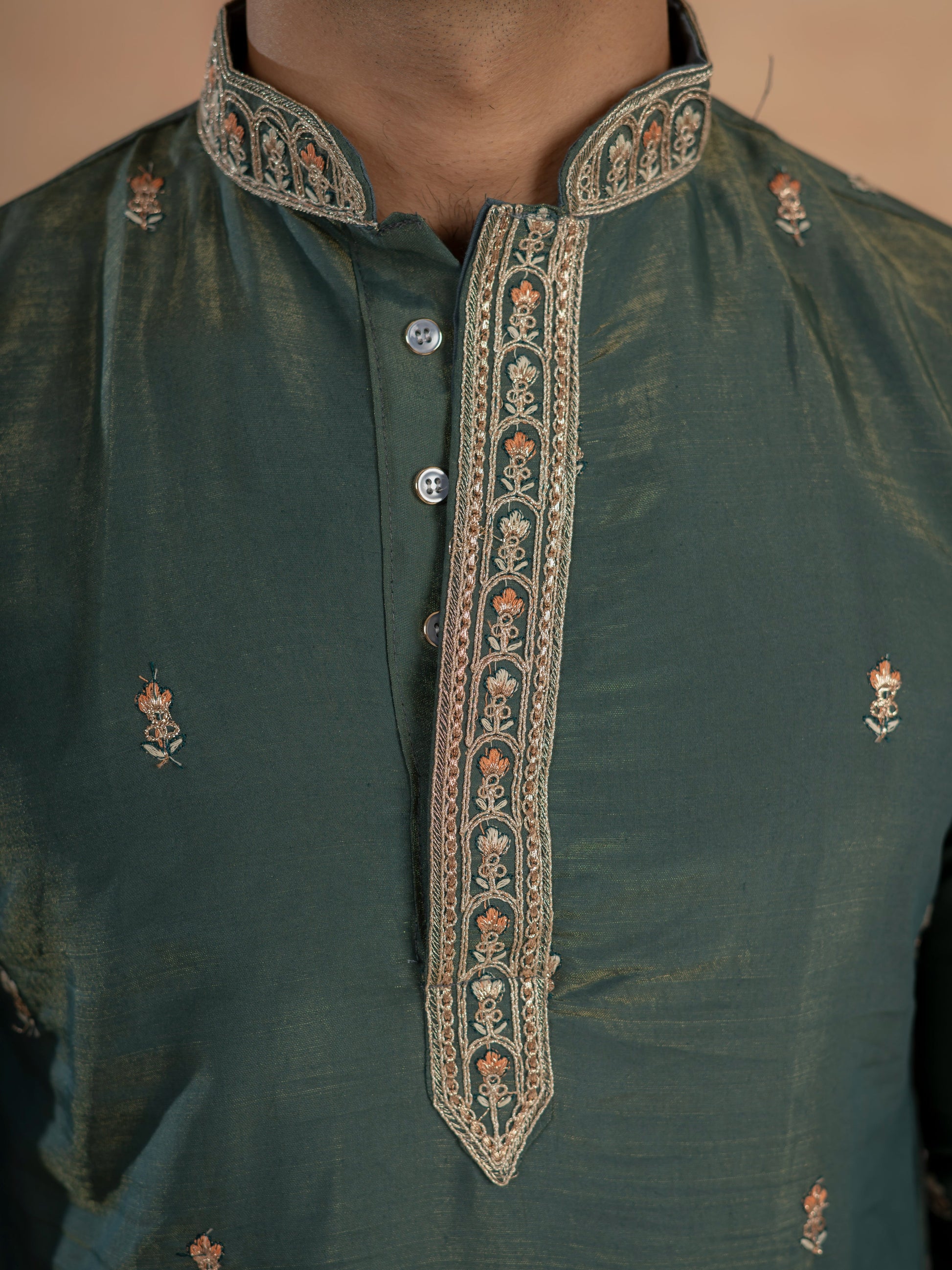 Dark Green Roman Shimmer Golden Sequence Embroidery Work Kurta Set