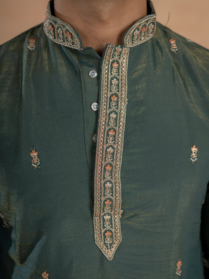 Dark Green Roman Shimmer Golden Sequence Embroidery Work Kurta Set