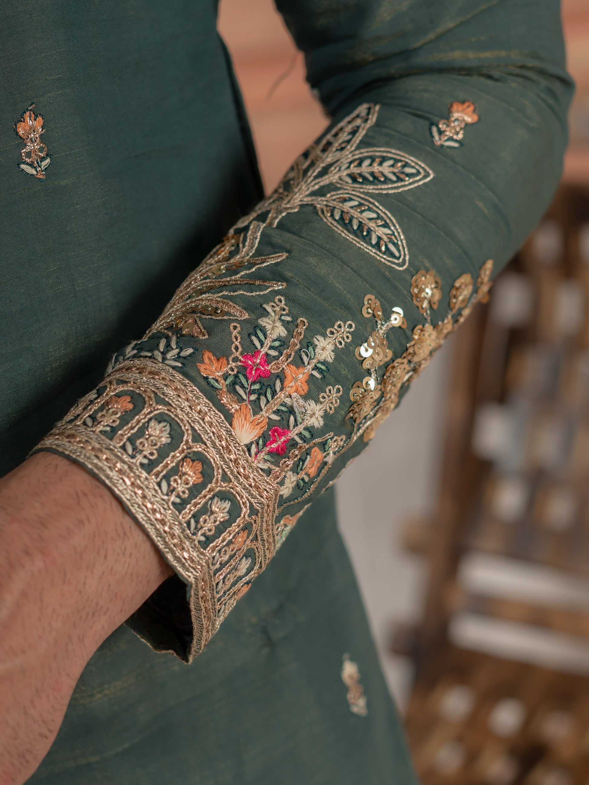 Dark Green Roman Shimmer Golden Sequence Embroidery Work Kurta Set