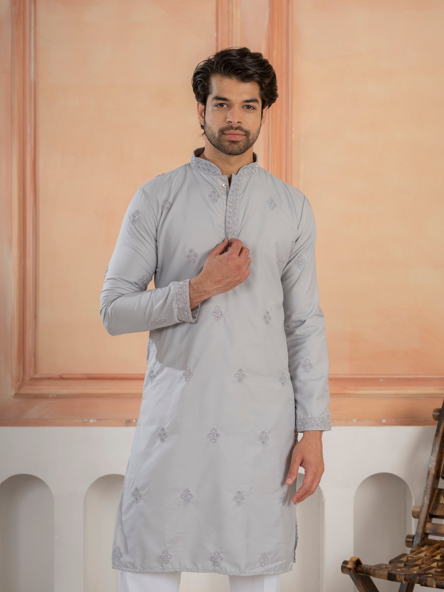 Elegant Grey Soft Cotton Val-Moti Butta Work Kurta Set
