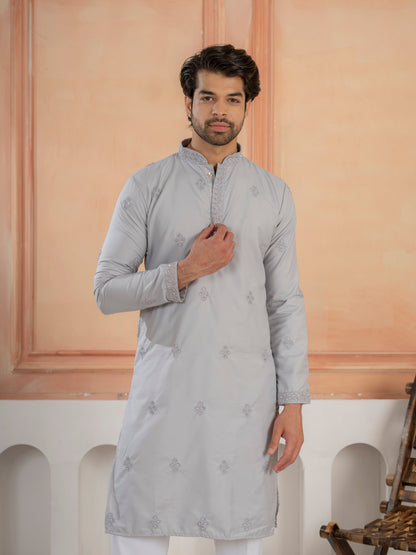 Elegant Grey Soft Cotton Val-Moti Butta Work Kurta Set
