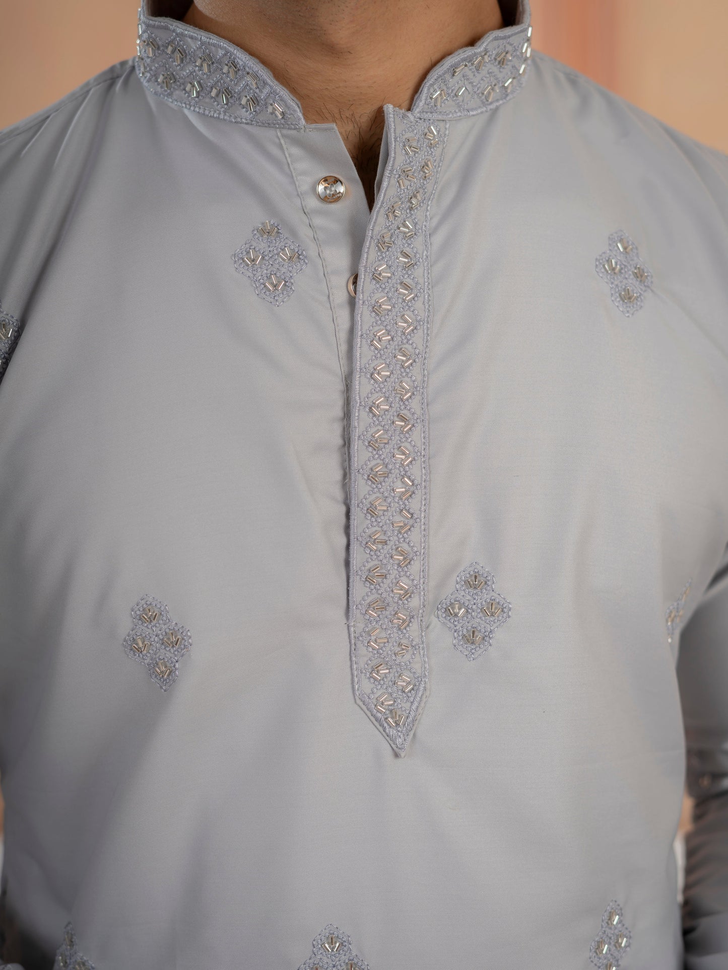 Elegant Grey Soft Cotton Val-Moti Butta Work Kurta Set
