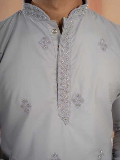 Elegant Grey Soft Cotton Val-Moti Butta Work Kurta Set
