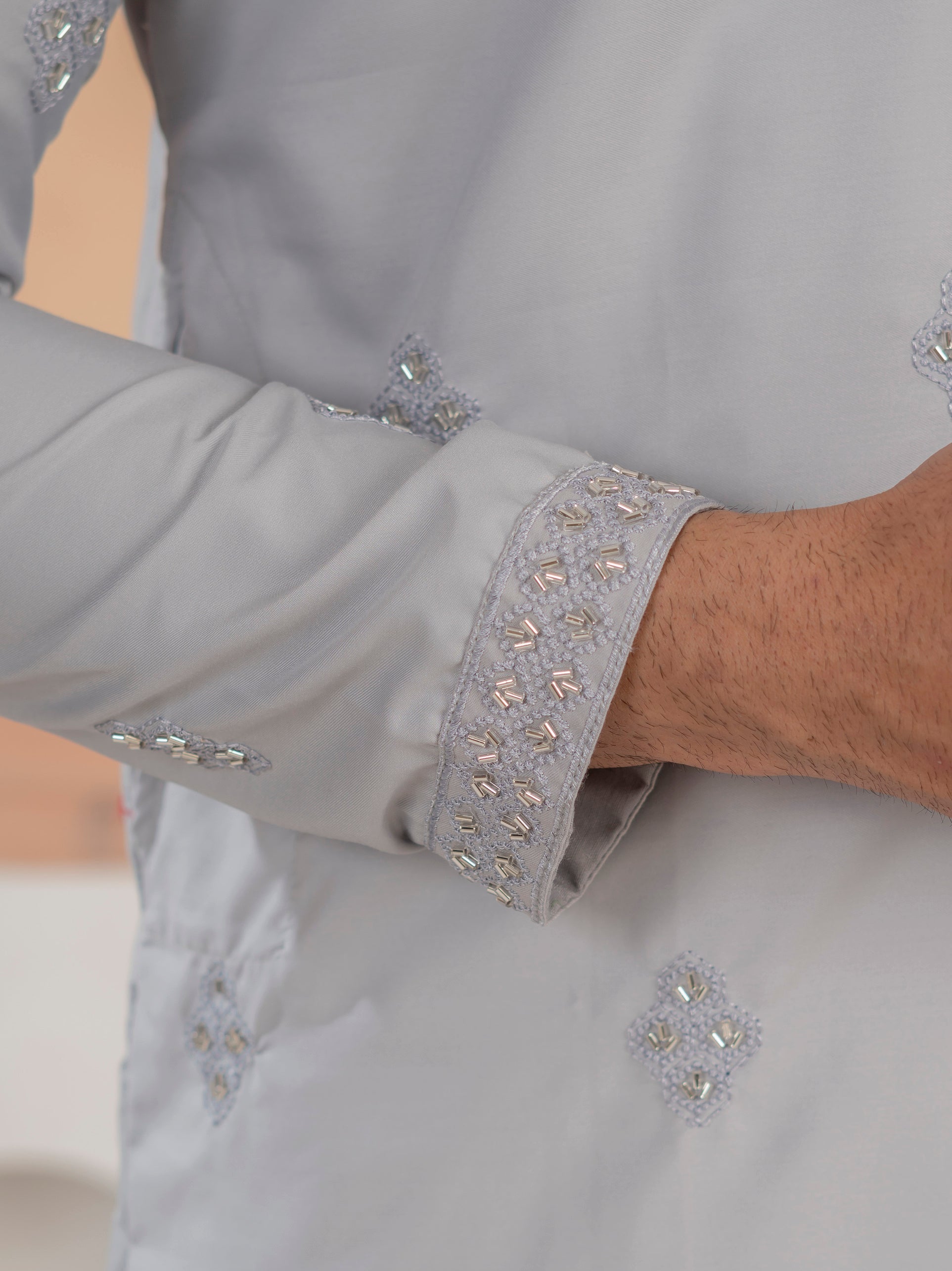 Elegant Grey Soft Cotton Val-Moti Butta Work Kurta Set
