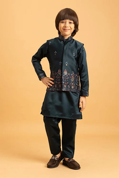 Dark Green Mirror Work Embroidered Koti Kurta for Kids Wear