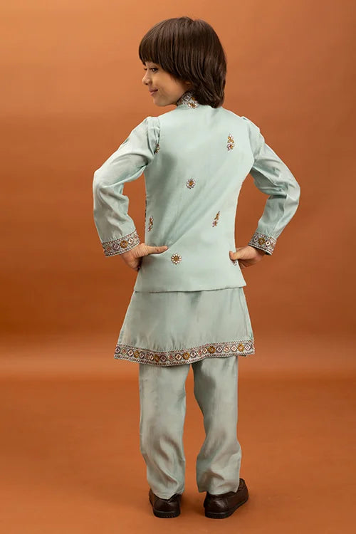 Wedding Sky Blue Koti Kurta Set for Kids 6-12 Yrs