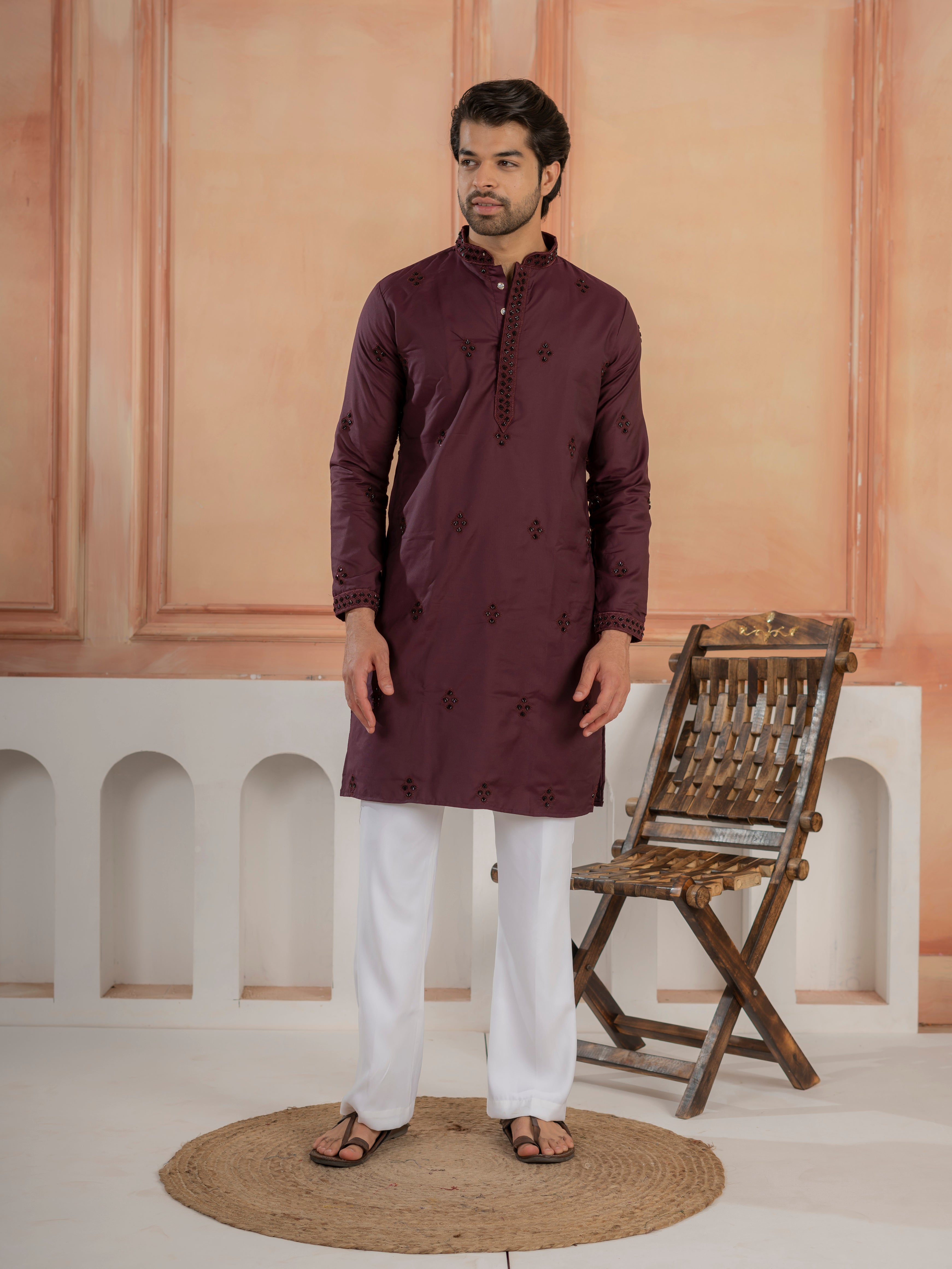 Festive Wine Soft Cotton Val-Moti Butta Work Mens Kurta Set