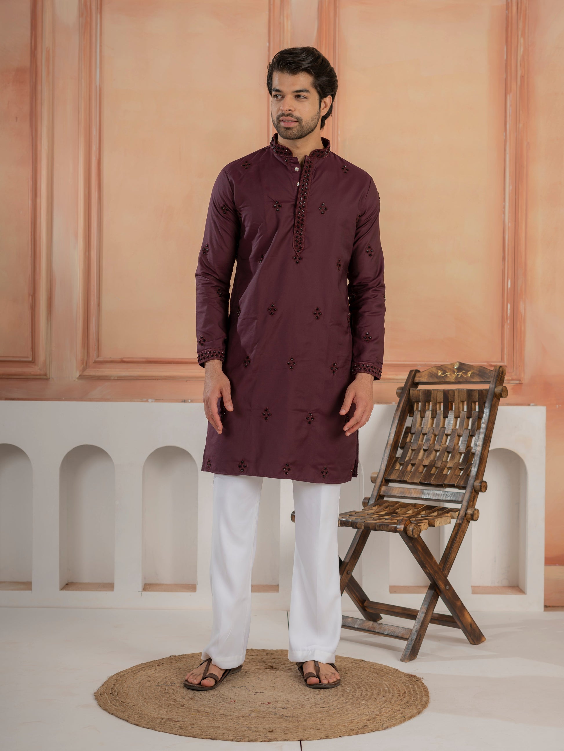 Festive Wine Soft Cotton Val-Moti Butta Work Mens Kurta Set
