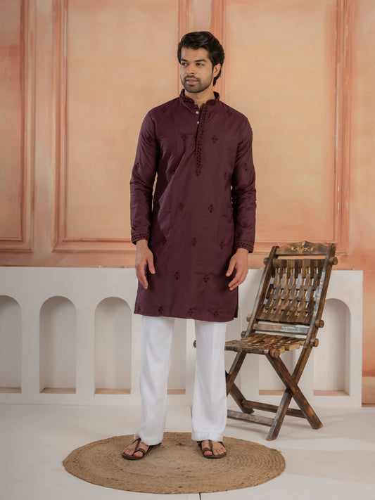 Festive Wine Soft Cotton Val-Moti Butta Work Mens Kurta Set

