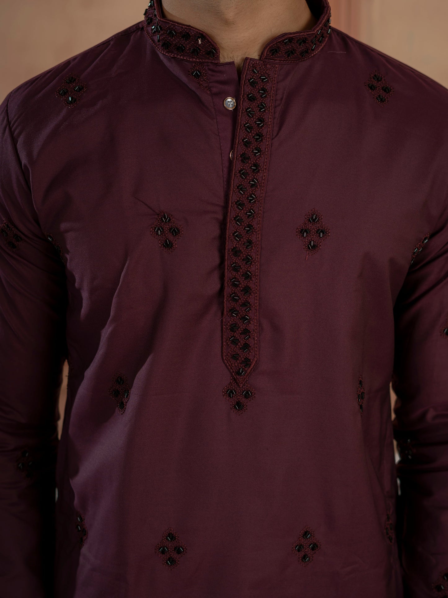 Festive Wine Soft Cotton Val-Moti Butta Work Mens Kurta Set
