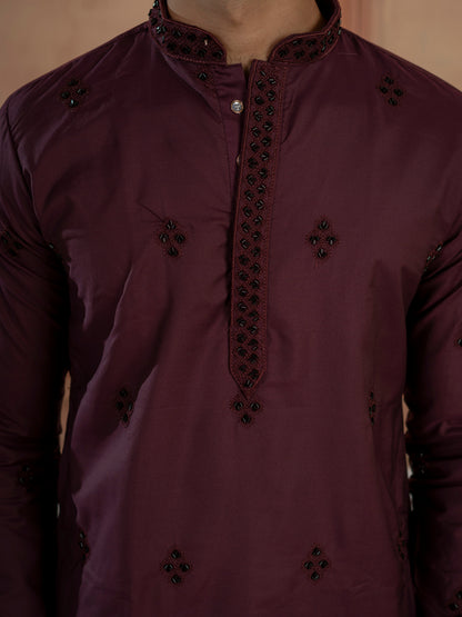 Festive Wine Soft Cotton Val-Moti Butta Work Mens Kurta Set
