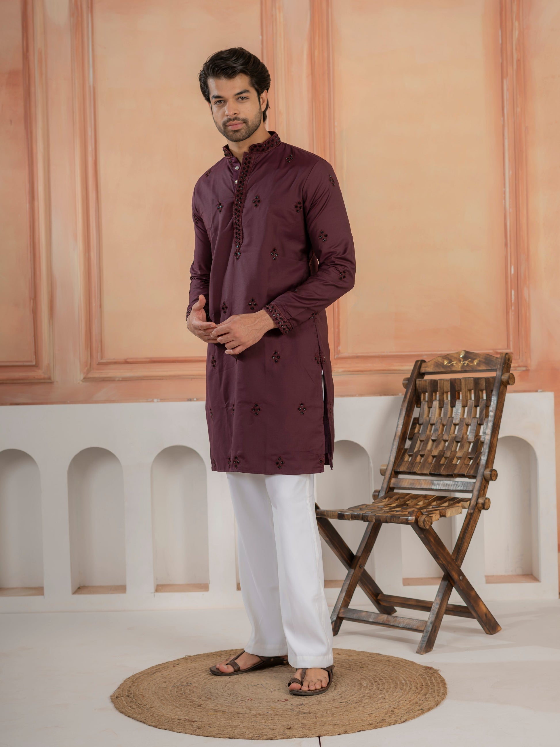 Festive Wine Soft Cotton Val-Moti Butta Work Mens Kurta Set
