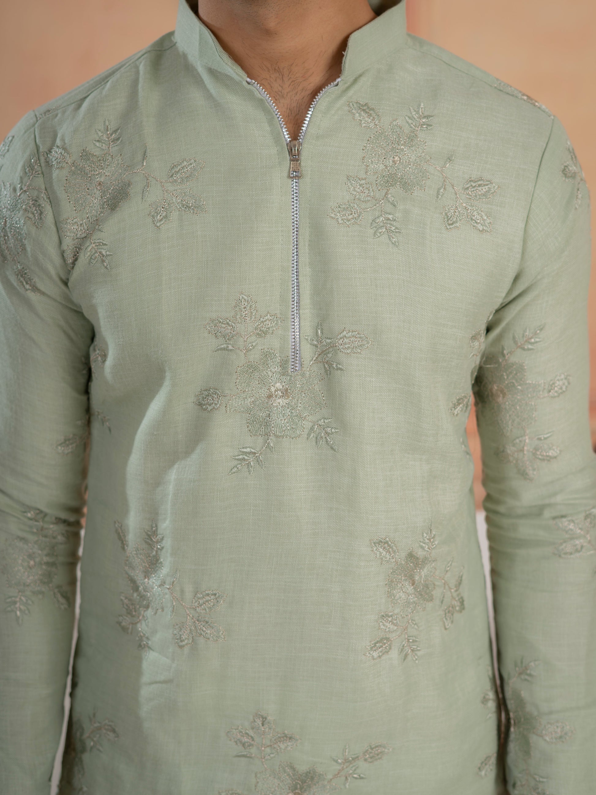 Green Linen Golden Embroidered Kurta Set For Festive Wear
