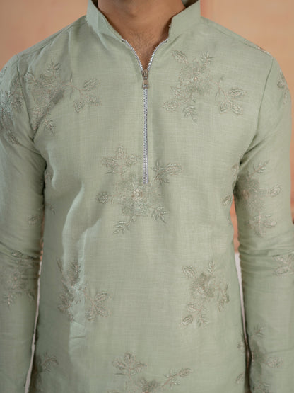 Green Linen Golden Embroidered Kurta Set For Festive Wear
