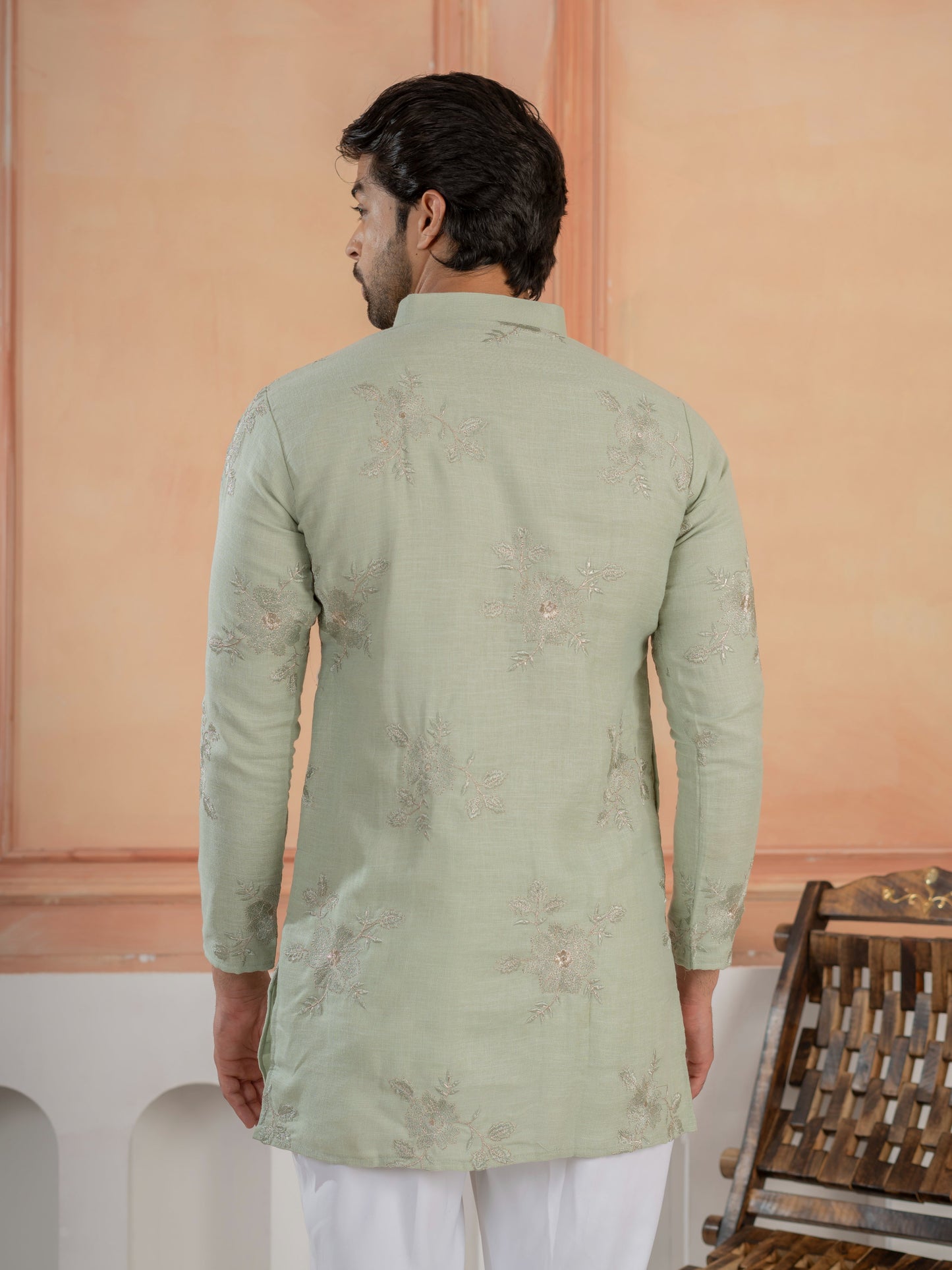 Green Linen Golden Embroidered Kurta Set For Festive Wear
