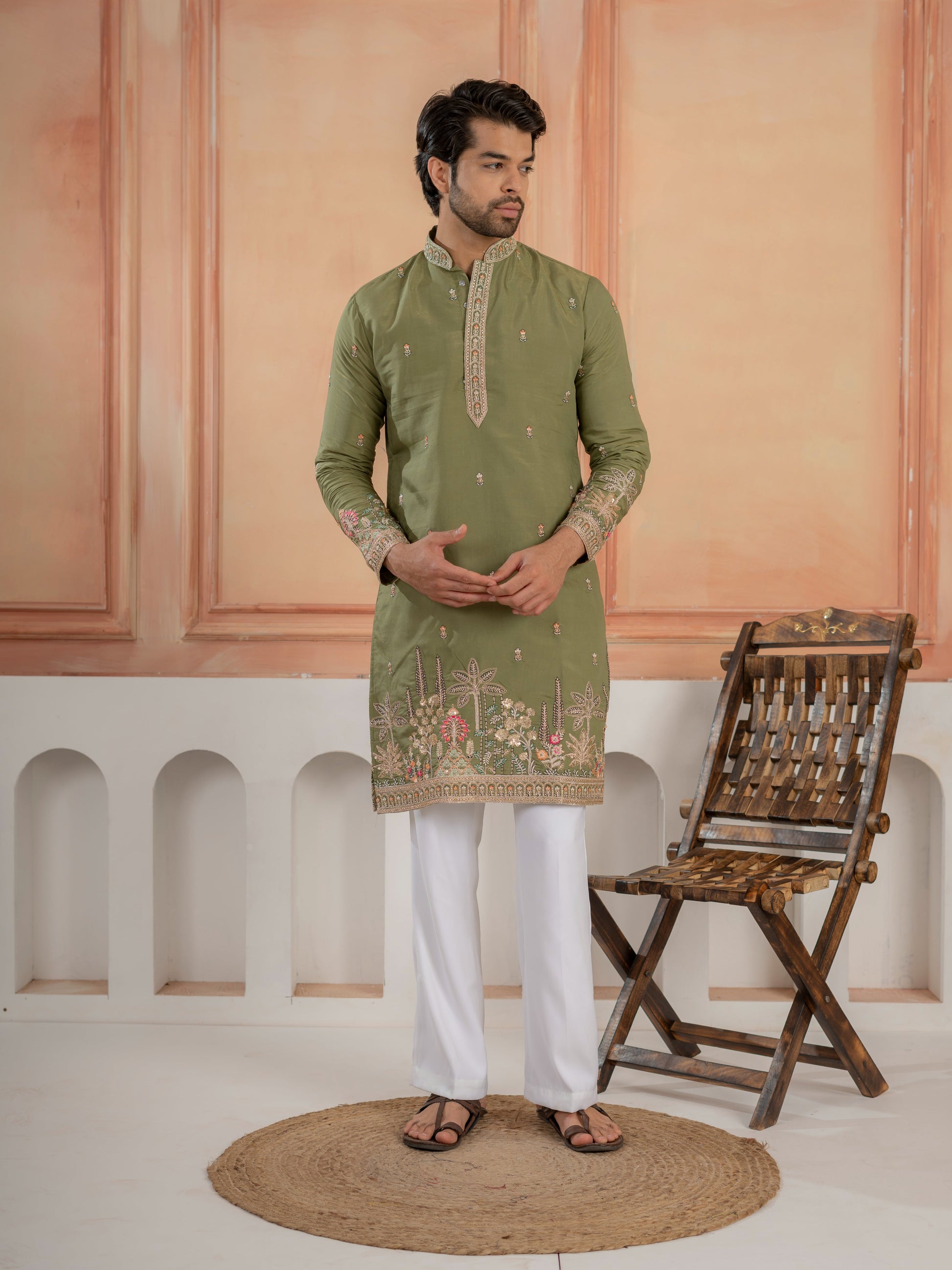 Designer Green Multi Colour Embroidery Golden Sequence Work Kurta Set