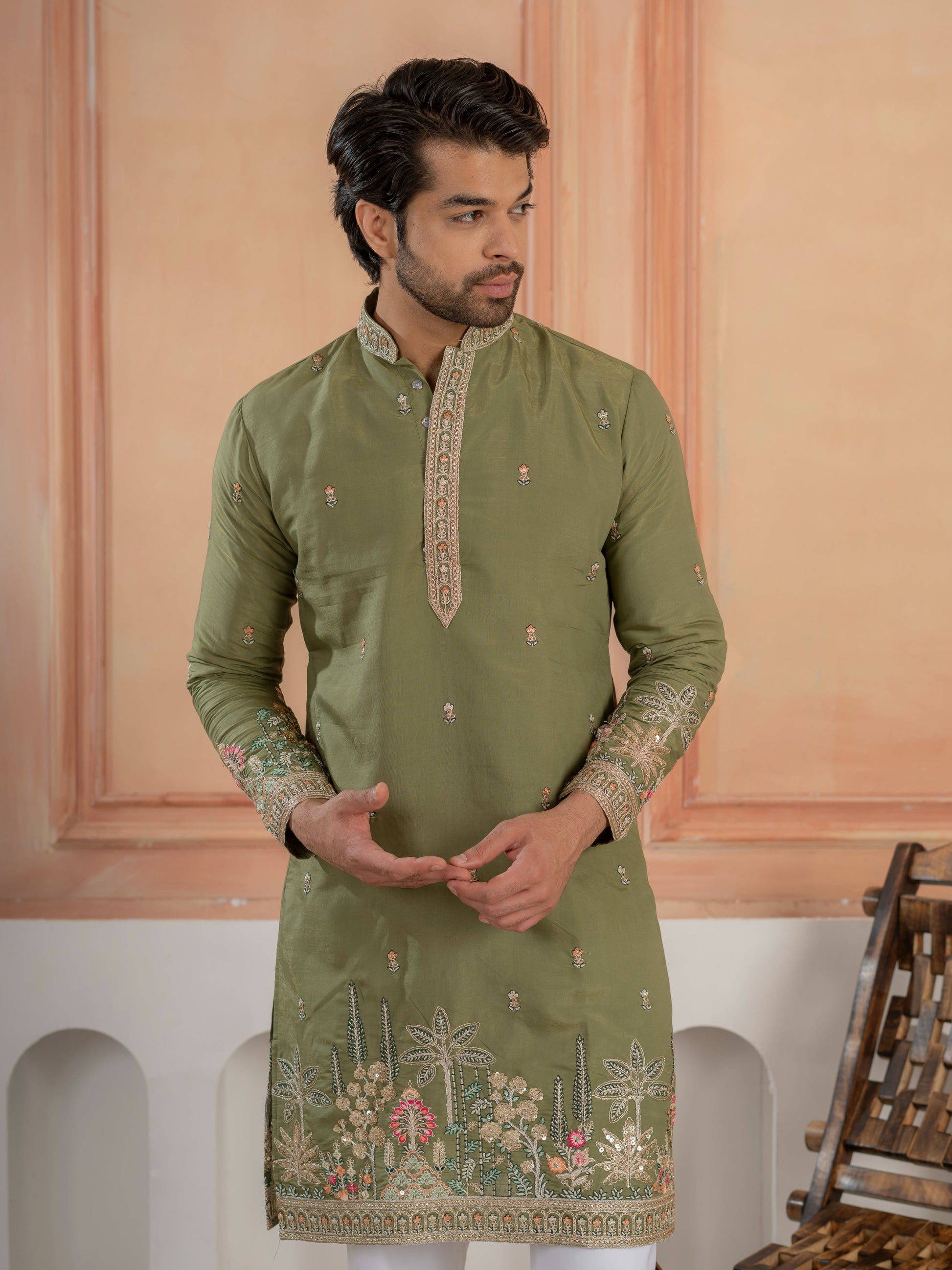 Designer Green Multi Colour Embroidery Golden Sequence Work Kurta Set
