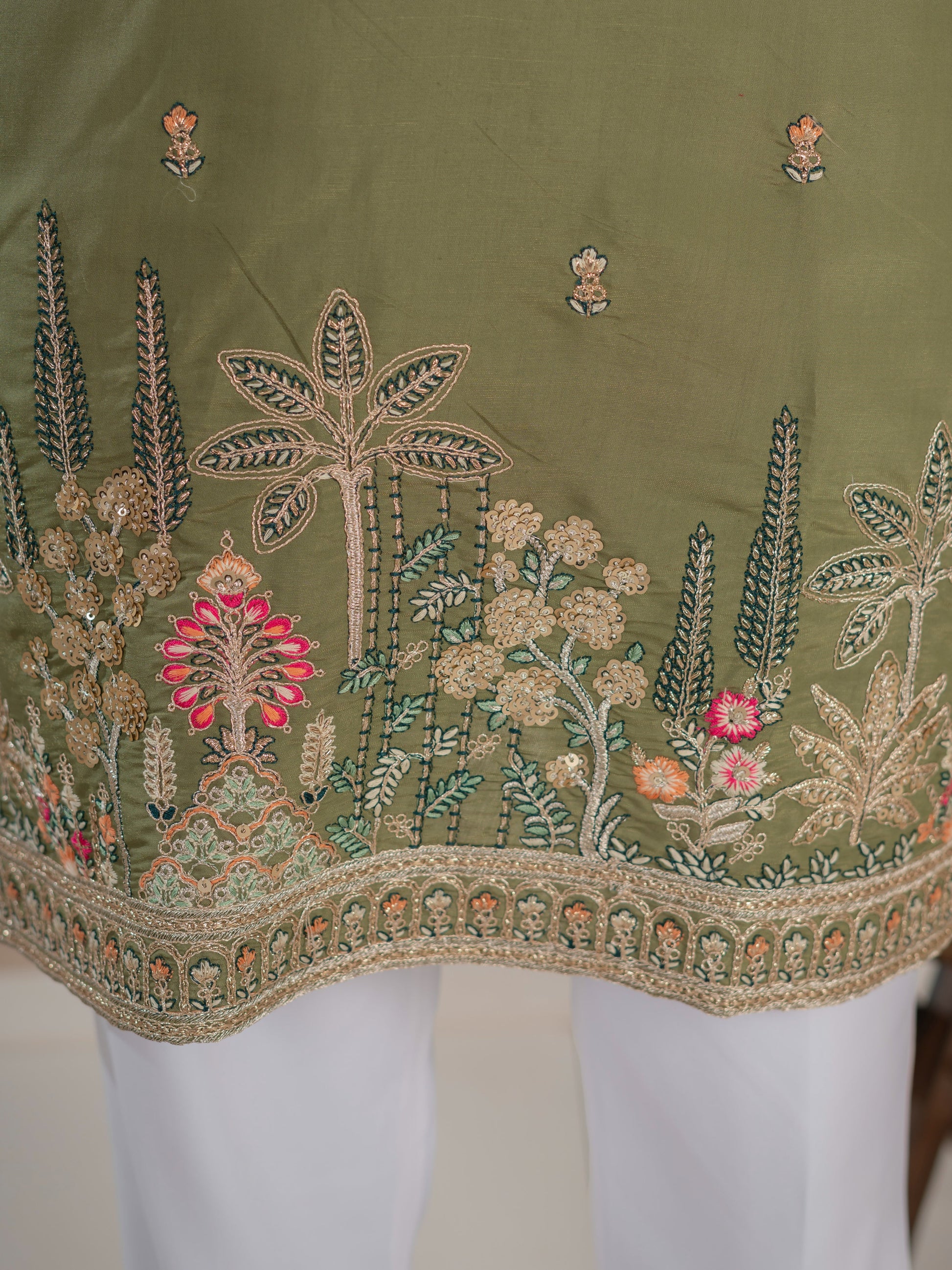 Designer Green Multi Colour Embroidery Golden Sequence Work Kurta Set
