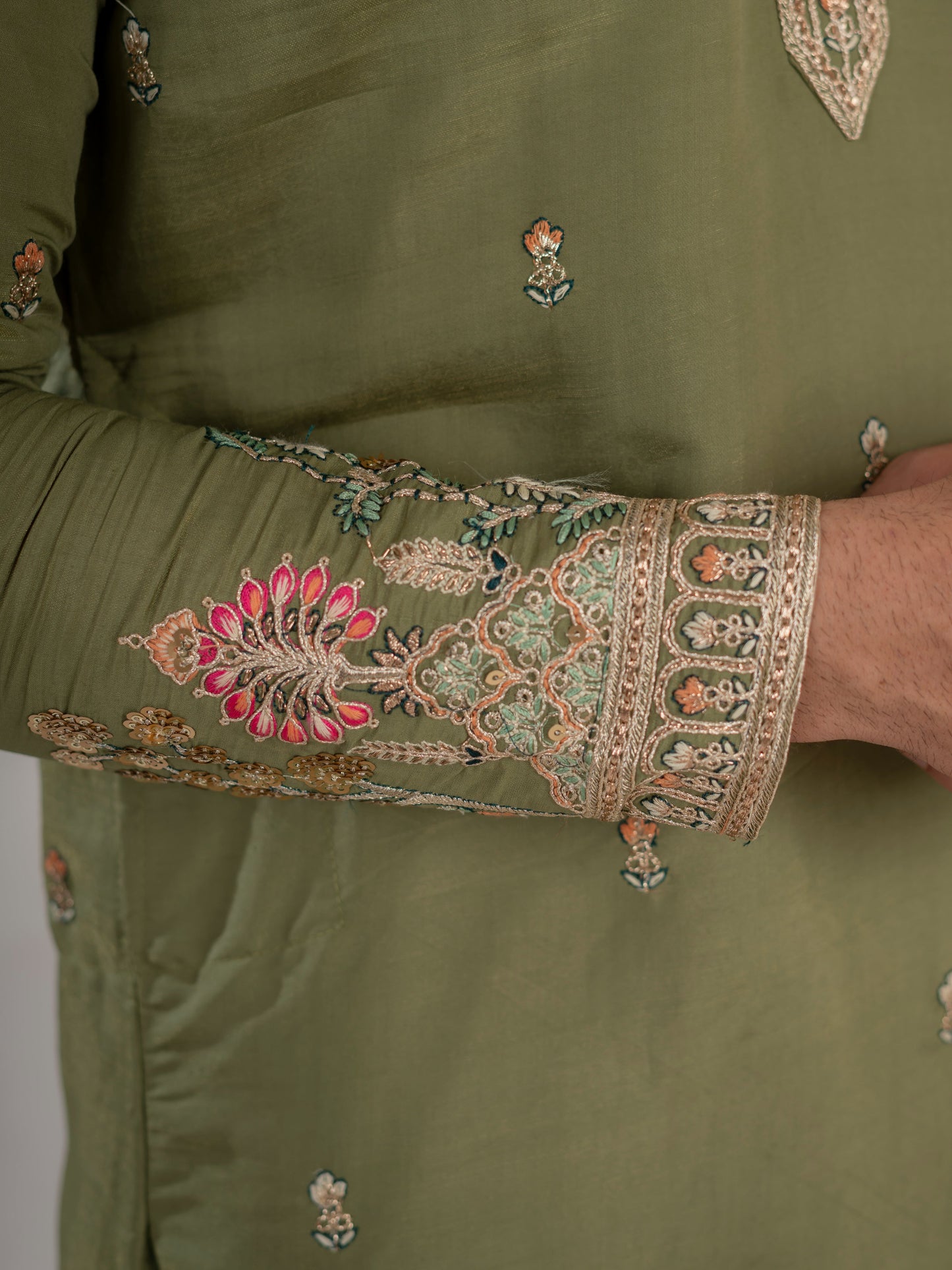 Designer Green Multi Colour Embroidery Golden Sequence Work Kurta Set