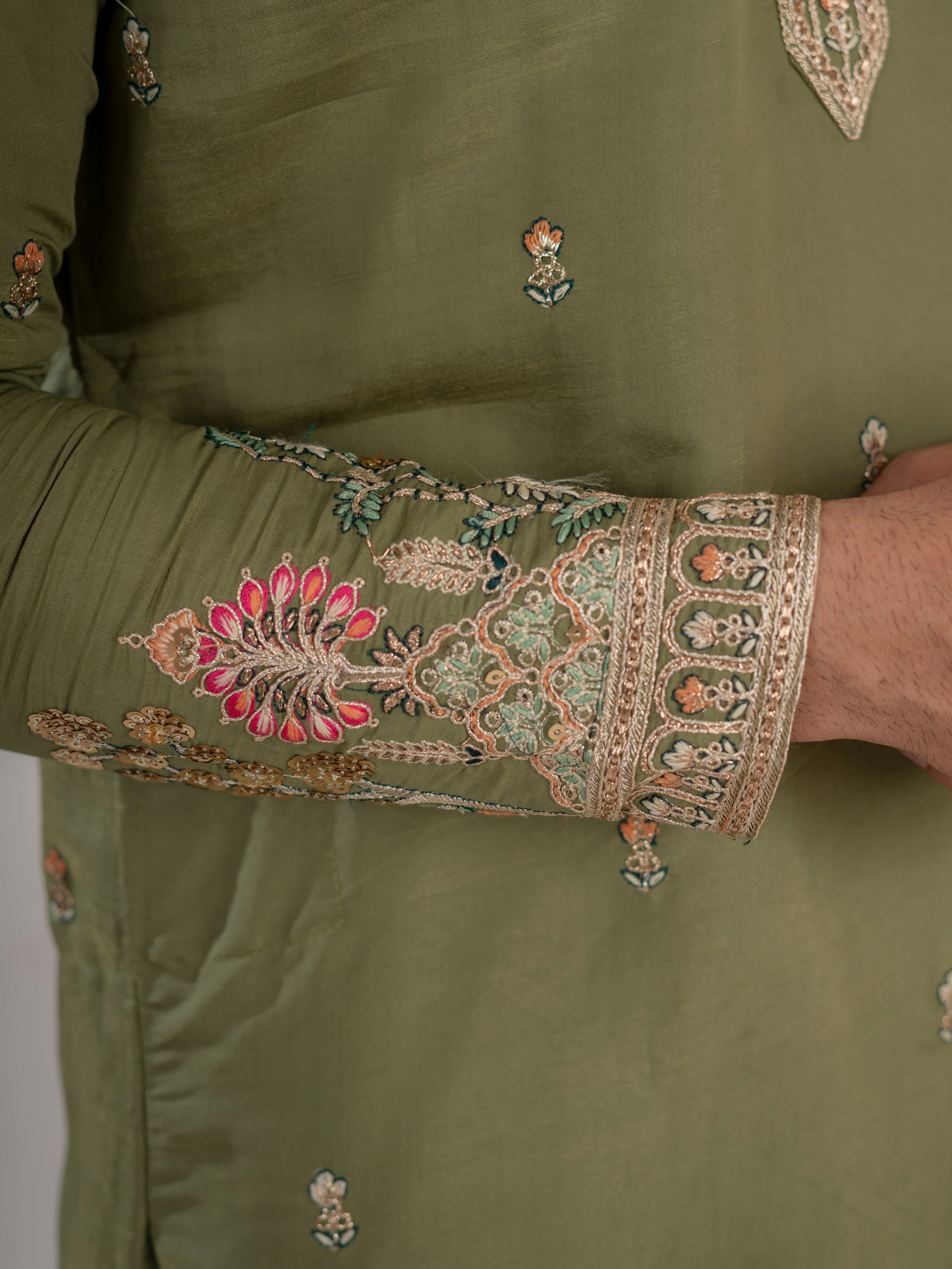Designer Green Multi Colour Embroidery Golden Sequence Work Kurta Set