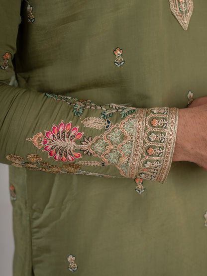 Designer Green Multi Colour Embroidery Golden Sequence Work Kurta Set