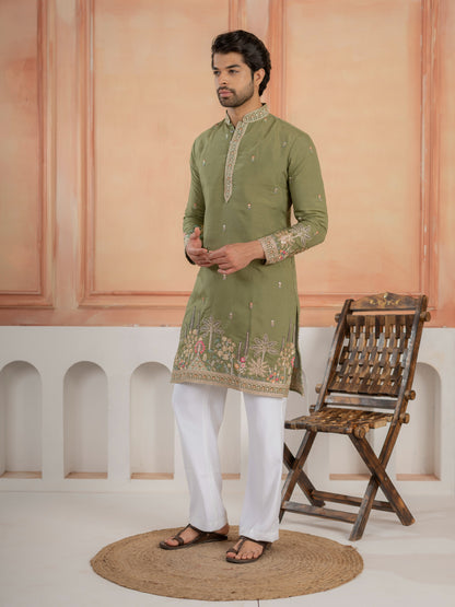 Designer Green Multi Colour Embroidery Golden Sequence Work Kurta Set