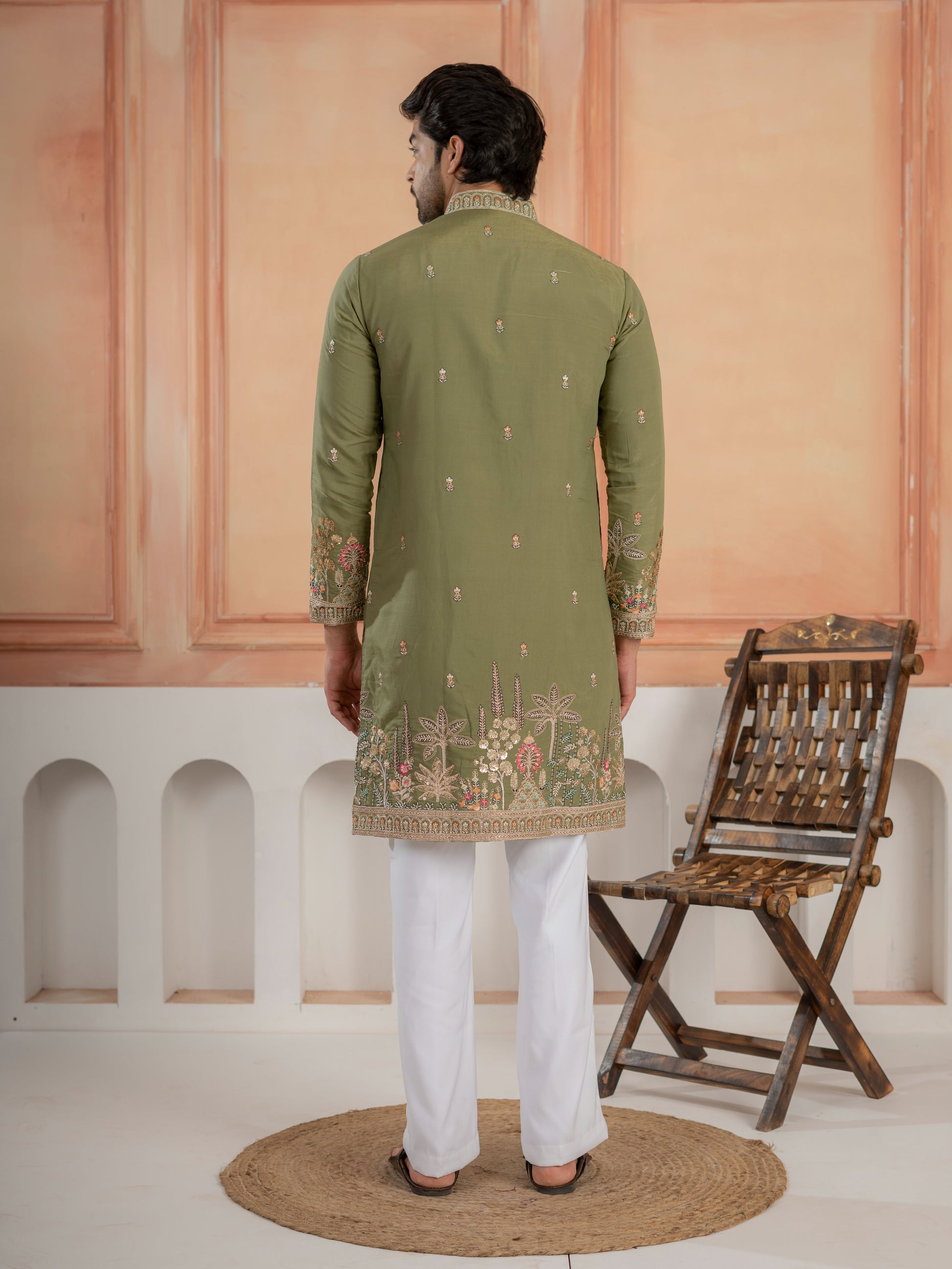 Designer Green Multi Colour Embroidery Golden Sequence Work Kurta Set