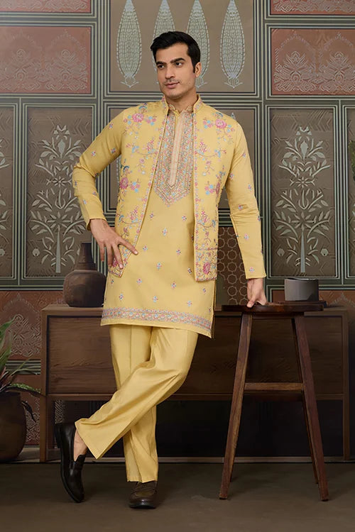Trending Yellow Haldi Ceremony Koti Kurta for Men