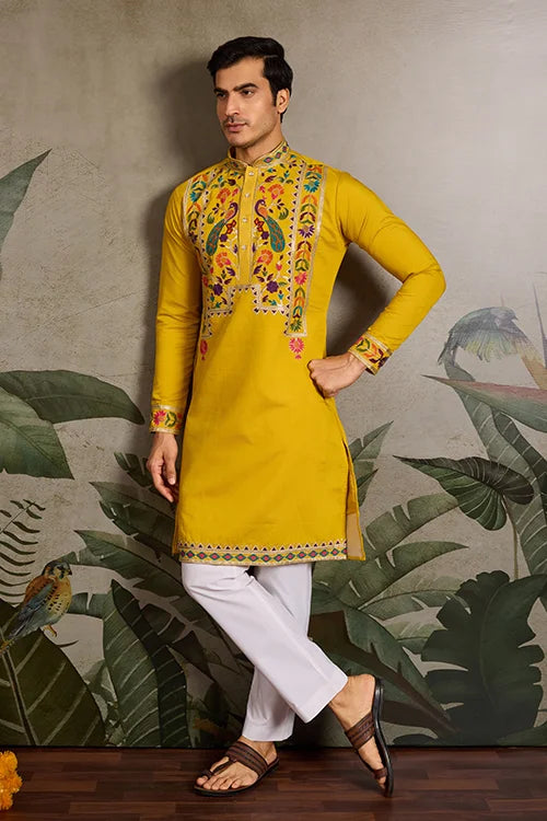 Haldi Special Yellow Embroidered Kurta for Men