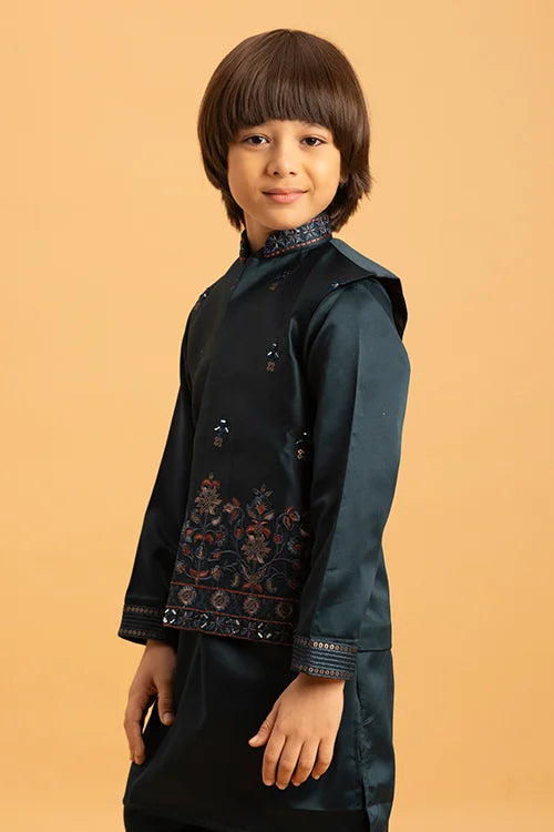 Dark Green Mirror Work Embroidered Koti Kurta for Kids Wear
