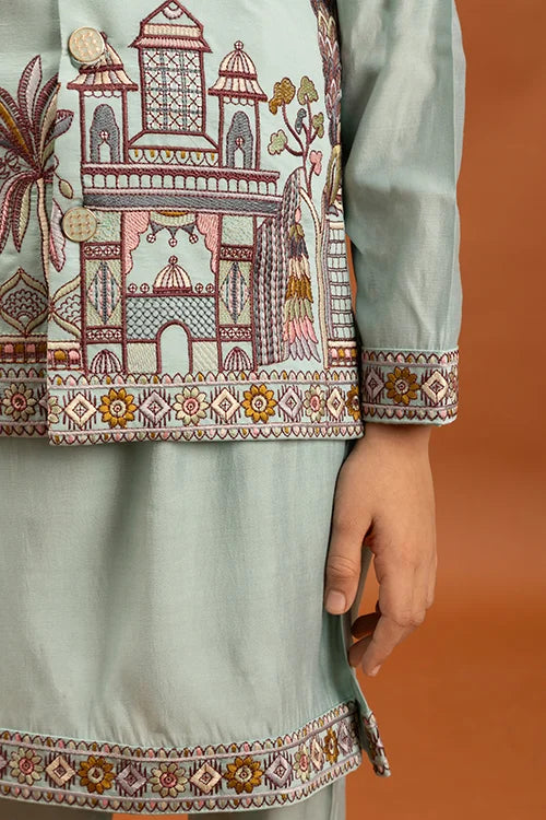 Wedding Sky Blue Koti Kurta Set for Kids 6-12 Yrs