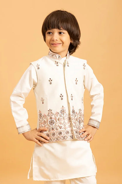 Premium White Mirror Work Koti Kurta Set for Boys