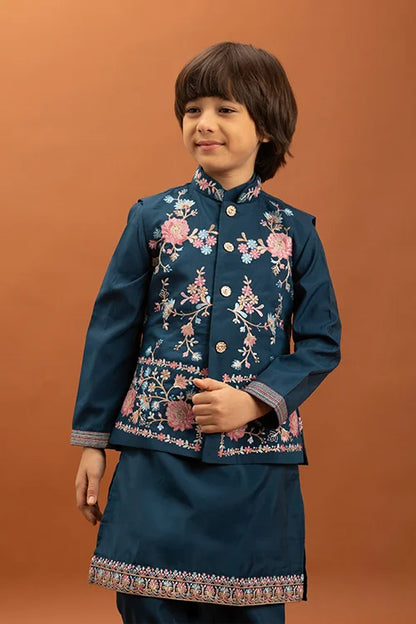 Bottle Green Kids Kurta Pajama with Koti Set