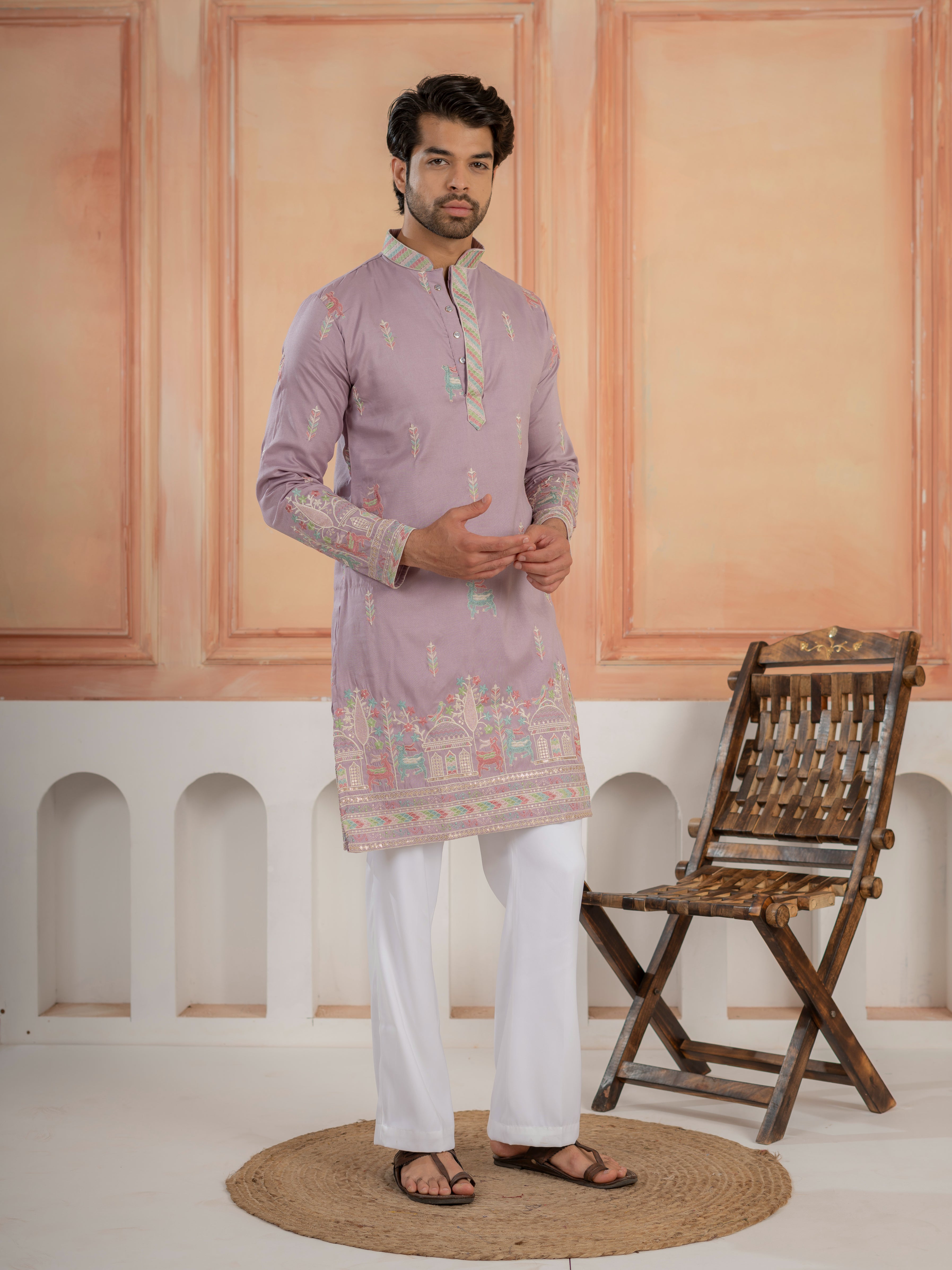 Premium Lavender Soft Silk Embroidered Kurta For Mens