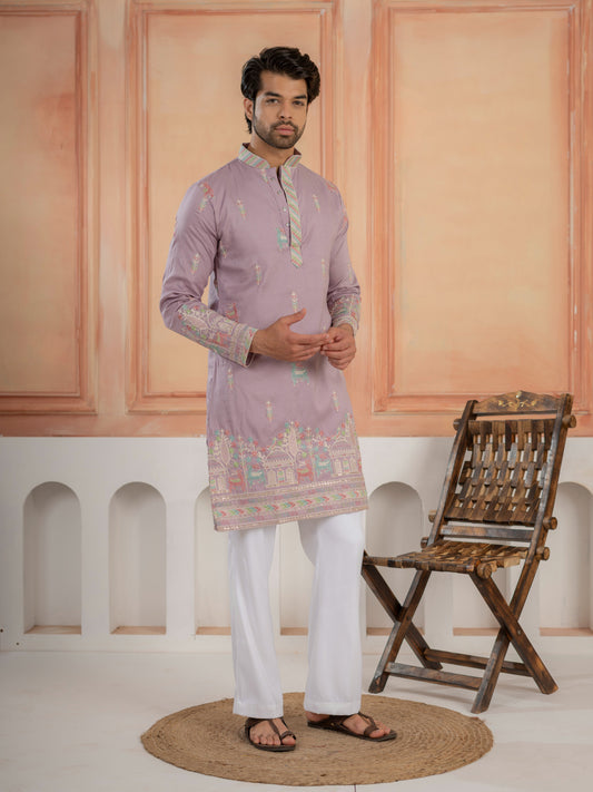 Premium Lavender Soft Silk Embroidered Kurta For Mens

