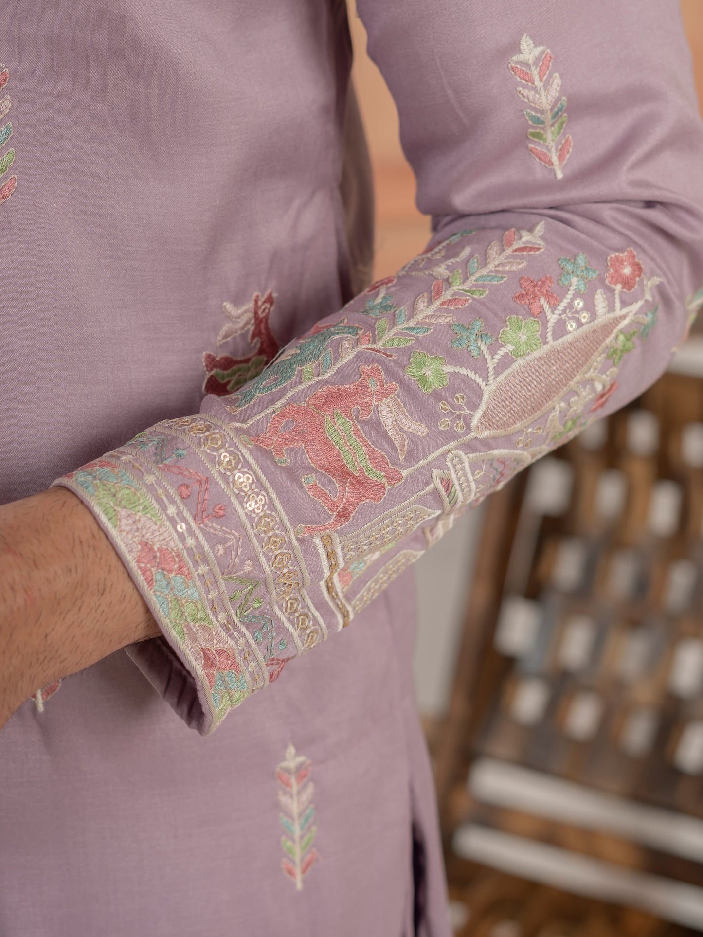 Premium Lavender Soft Silk Embroidered Kurta For Mens