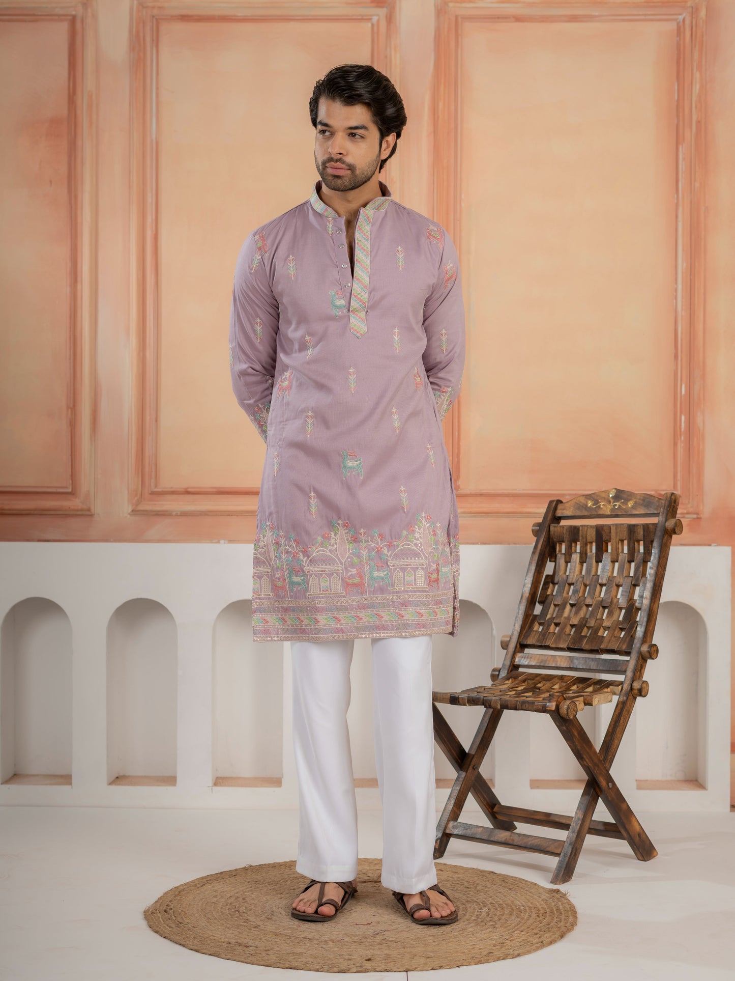 Premium Lavender Soft Silk Embroidered Kurta For Mens