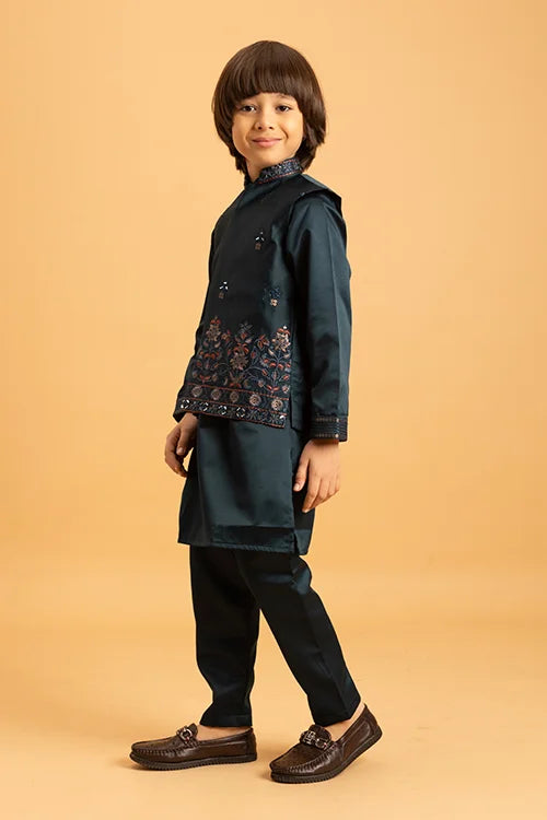 Dark Green Mirror Work Embroidered Koti Kurta for Kids Wear