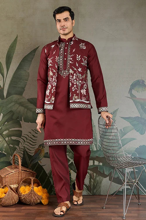 Wedding Special Maroon Kurta Pajama with Open Koti for Men