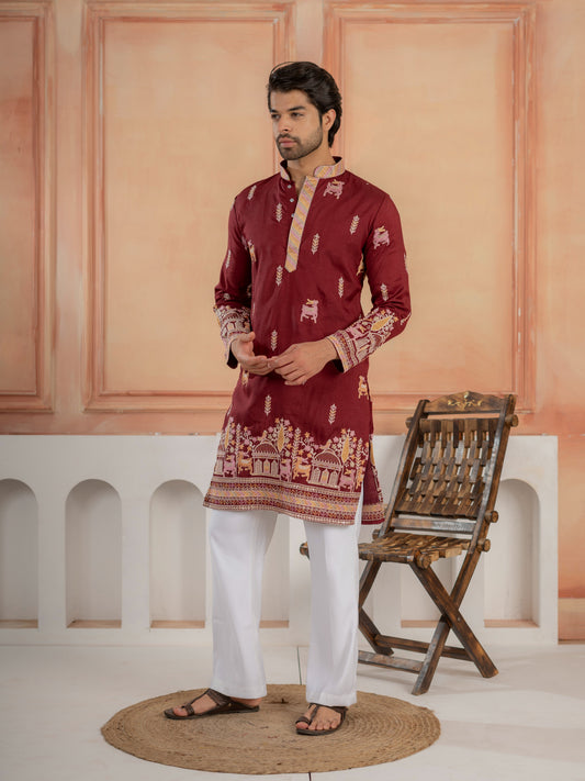 Partywear Maroon Silk Embroidered Work Kurta Set For Mens
