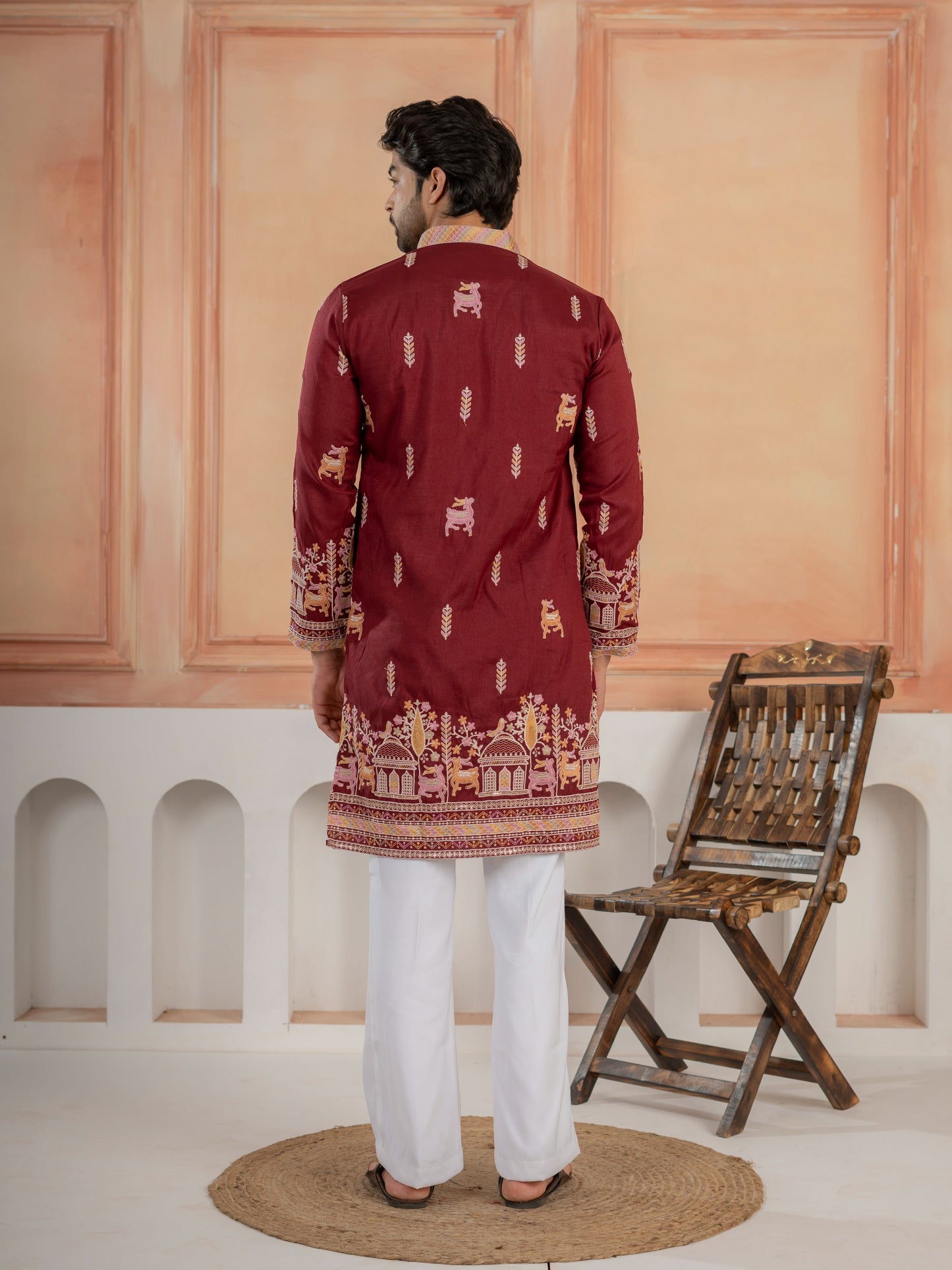 Partywear Maroon Silk Embroidered Work Kurta Set For Mens
