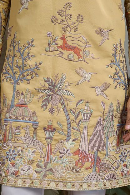 Yellow Viscose Silk Mens kurta for haldi ceremony