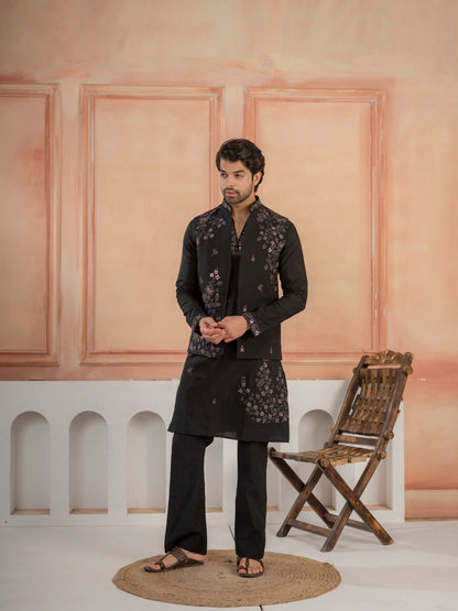Modern Black Real Mirror Embroidery V-Neck Kurta Jacket & Pant
