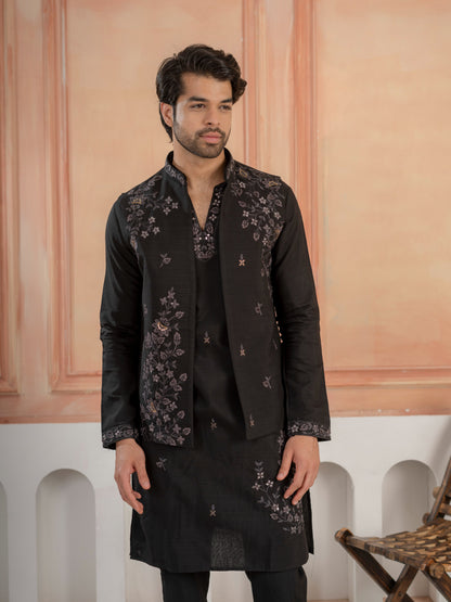 Modern Black Real Mirror Embroidery V-Neck Kurta Jacket & Pant
