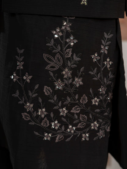 Modern Black Real Mirror Embroidery V-Neck Kurta Jacket & Pant
