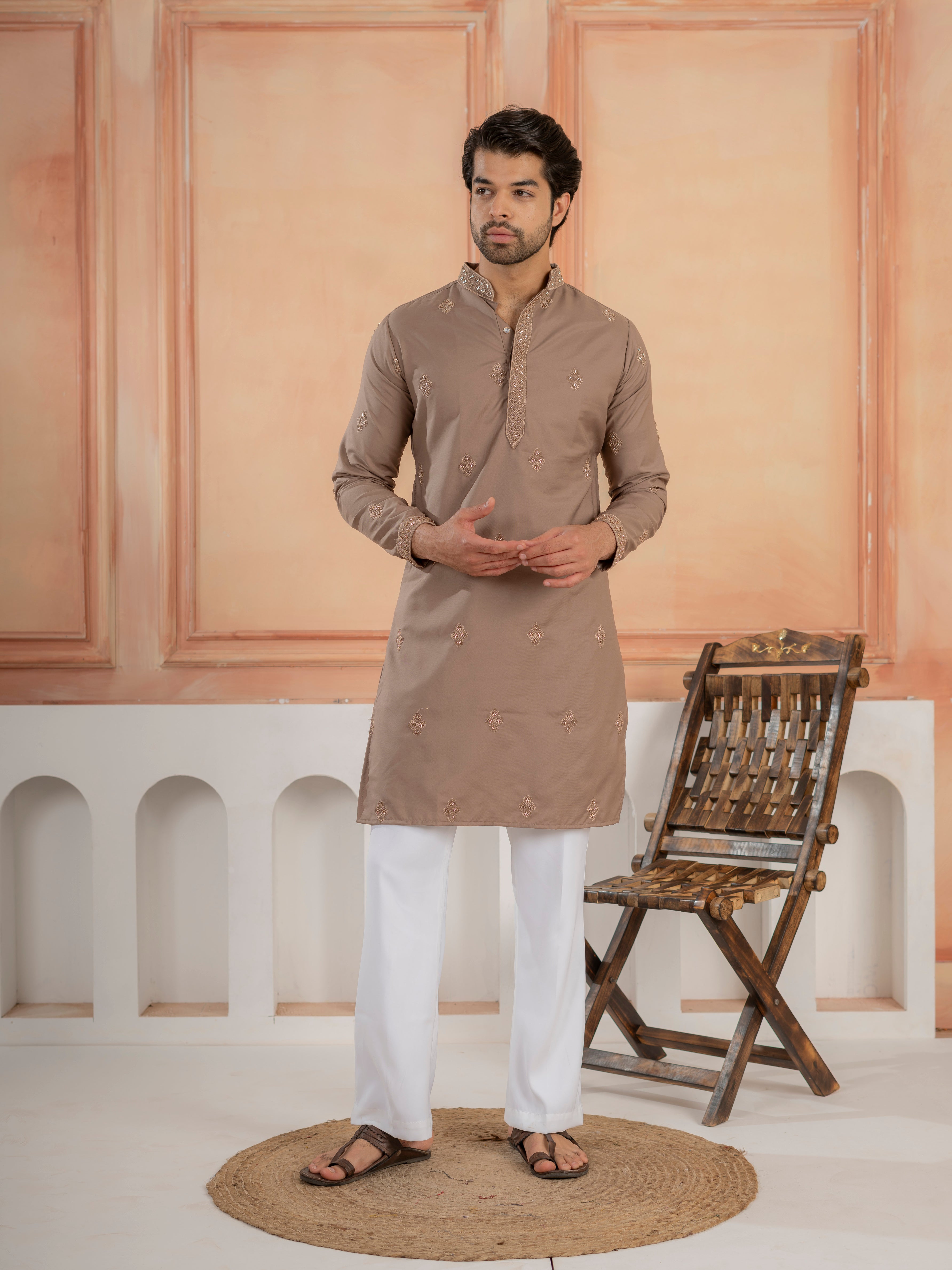 Modern Dusty Brown Soft Cotton Kurta Set with Butta Embroidery