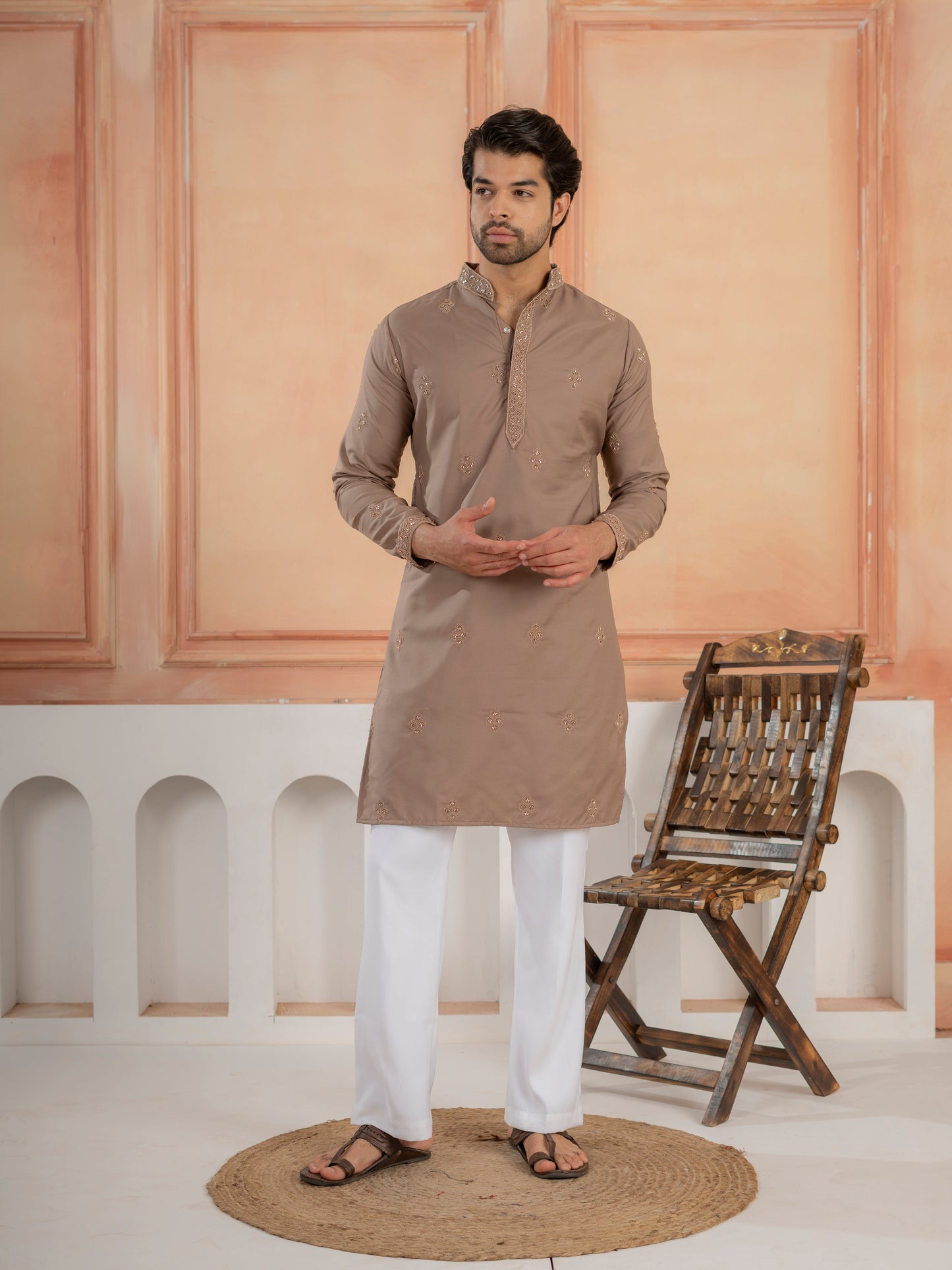 Modern Dusty Brown Soft Cotton Kurta Set with Butta Embroidery

