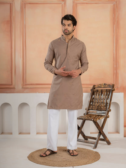 Modern Dusty Brown Soft Cotton Kurta Set with Butta Embroidery
