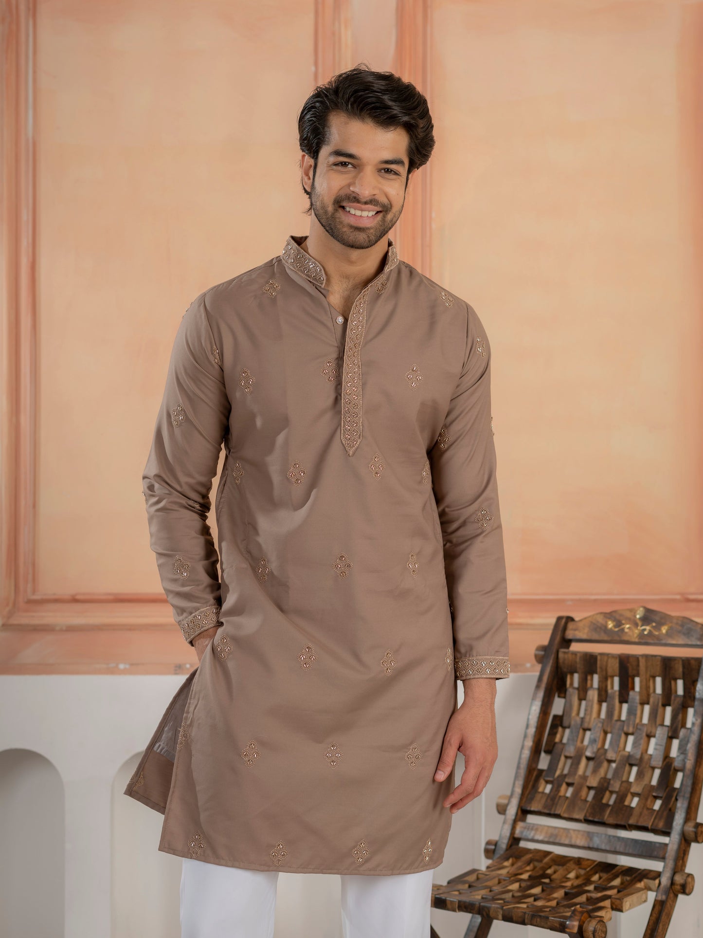 Modern Dusty Brown Soft Cotton Kurta Set with Butta Embroidery
