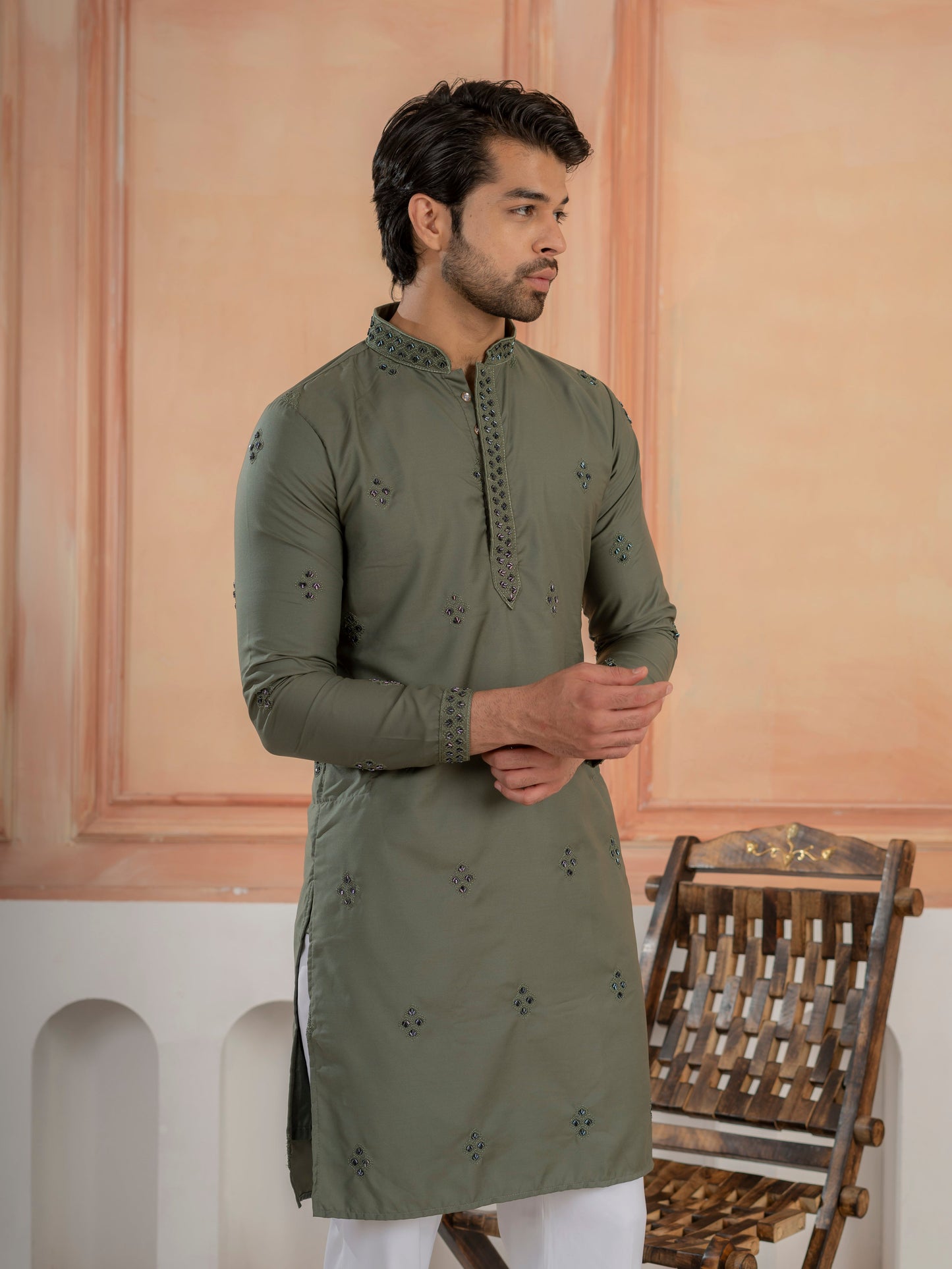 Olive Green Cotton Featuring Val-Moti Butta Work Kurta Set
